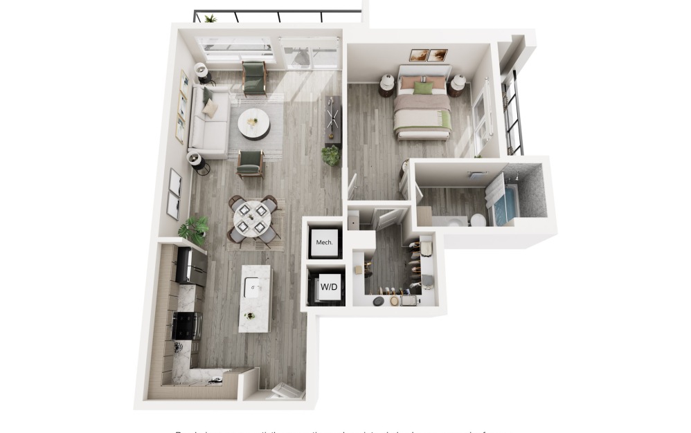The Echo - 1 bedroom floorplan layout with 1 bathroom and 889 square feet