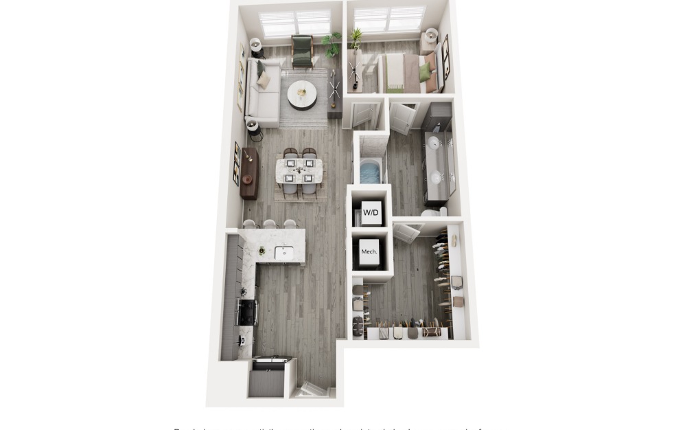 The Elm - 1 bedroom floorplan layout with 1 bathroom and 811 square feet