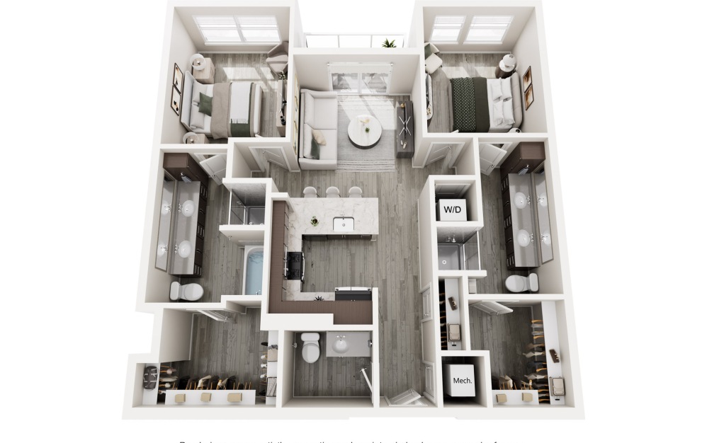 The Mammoth - 2 bedroom floorplan layout with 2.5 bathrooms and 1130 square feet (Floor 1)