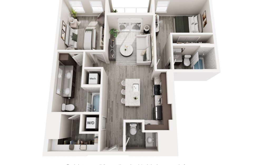 The Moderne - 2 bedroom floorplan layout with 2 bathrooms and 983 square feet