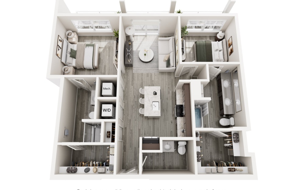 The Quarter - 2 bedroom floorplan layout with 2.5 bathrooms and 1034 square feet